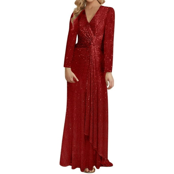 Fgnfyis Elegant Dresses for Women Long Sleeve Sequin Dress Formal Gowns Sparkly V Neck Maxi Dress