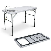 Ktaxon Folding Table with Sink, Portable Fish Cleaning Table with Faucet & Trash Can, Fish Hunting Station Fillet Table, White