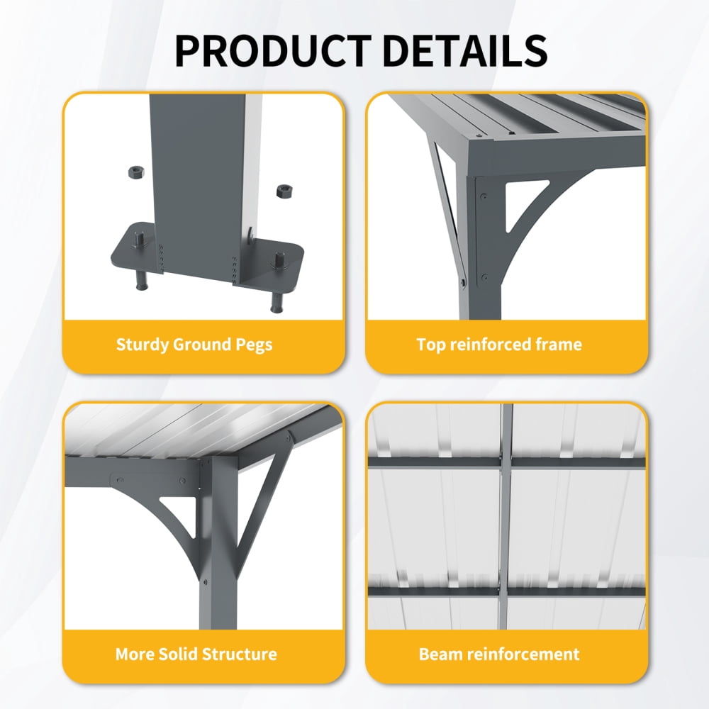 8' x 10' Outdoor Wall-Mounted Gazebo, Waterproof Metal Pergola Shelter, Heavy Duty Inclined Roof Patio Canopy for Garden Backyard