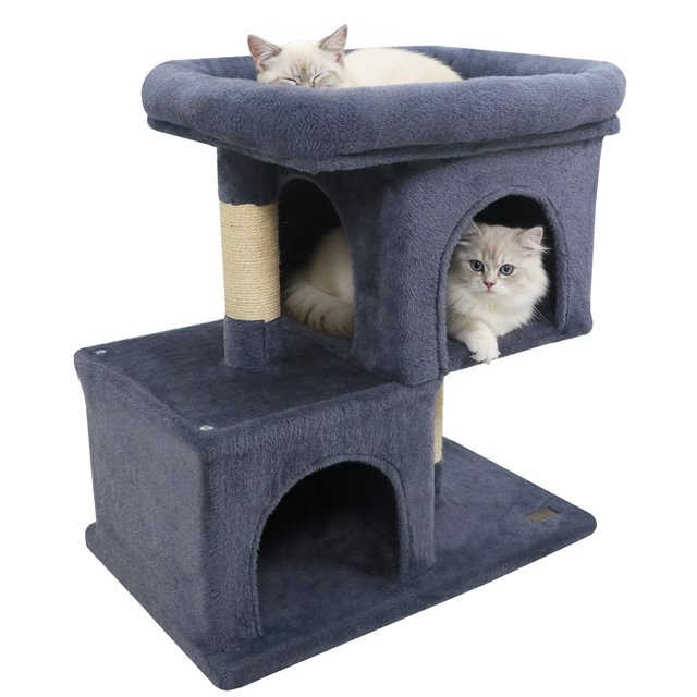 Gymax 25.5'' Cat Tree w/2 Large Condo Padded Top Perch Sisal Scratching Posts for Cats Grey