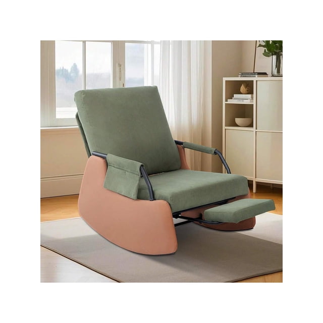 Ourlova Upholstered Nursery Rocking Chair with High Backrest and Side Pocket Gliding Iron Frame Rocking Chair with Footrest Easy Assembly for Living Room Bedroom Nursery Green