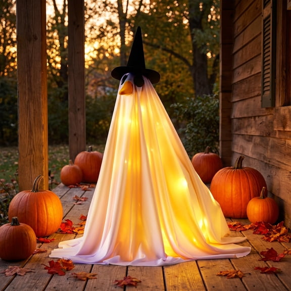Ghost Porch Goose Outfit with LED Lights, Fits 23 Inch Goose Statue, Halloween Lawns Yard Patio Decorations