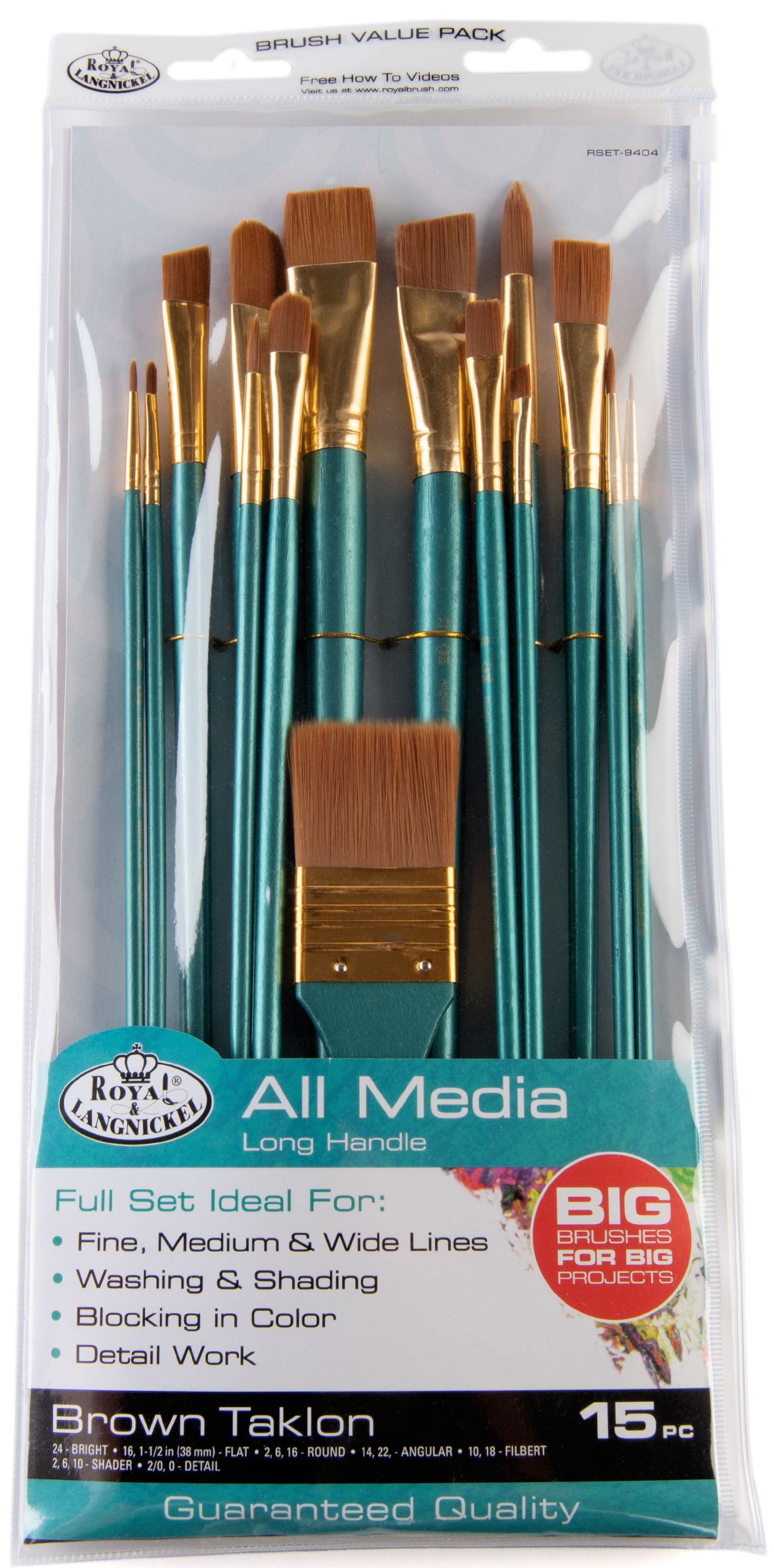 Royal & Langnickel - 15pc Long Handle Brown Taklon All Media Artist Paint Brush Set | RSET-9404 |
