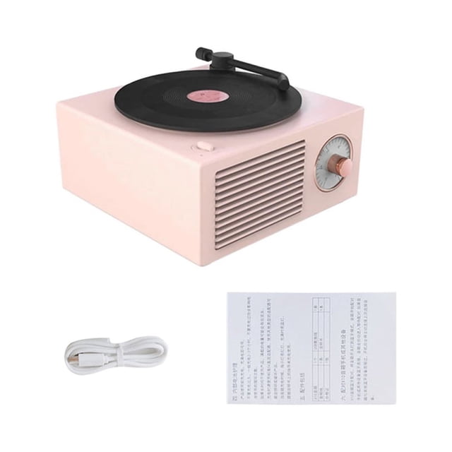 Turntable Speaker USB Bluetooth V5.0 Vinyl Record Player Stereo Vintage Portable Speaker, Pink