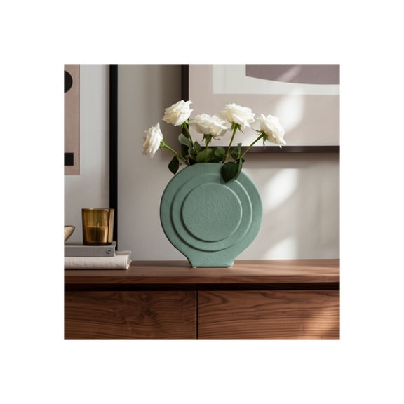 Modern Decorative Vase - Round Stoneware Dolomite Flower Vase - Textured Minimalist Accent Piece for Home, Office, Bedroom, and Living Room - 7" Green