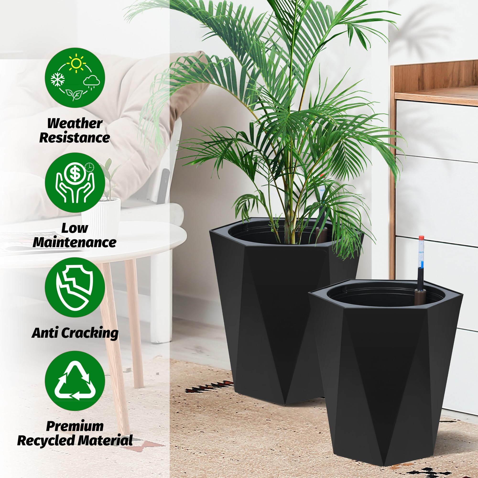Garvee 2025 New 16" Tall Planters Set of 2, Outdoor＆Indoor Planter Pots, High Front Porch Planter Pots with Drainage Holes＆Water Level Monitor＆Inner Bucket, Automatic Watering, Black
