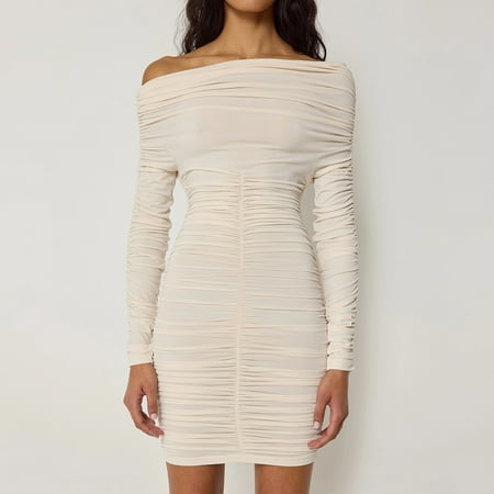 HHH Autumn and Winter New Women s Clothing Solid Color Cross-Shoulder Bag Hip Dress Fashion Long Sleeve Pleated Slim Fit Dress