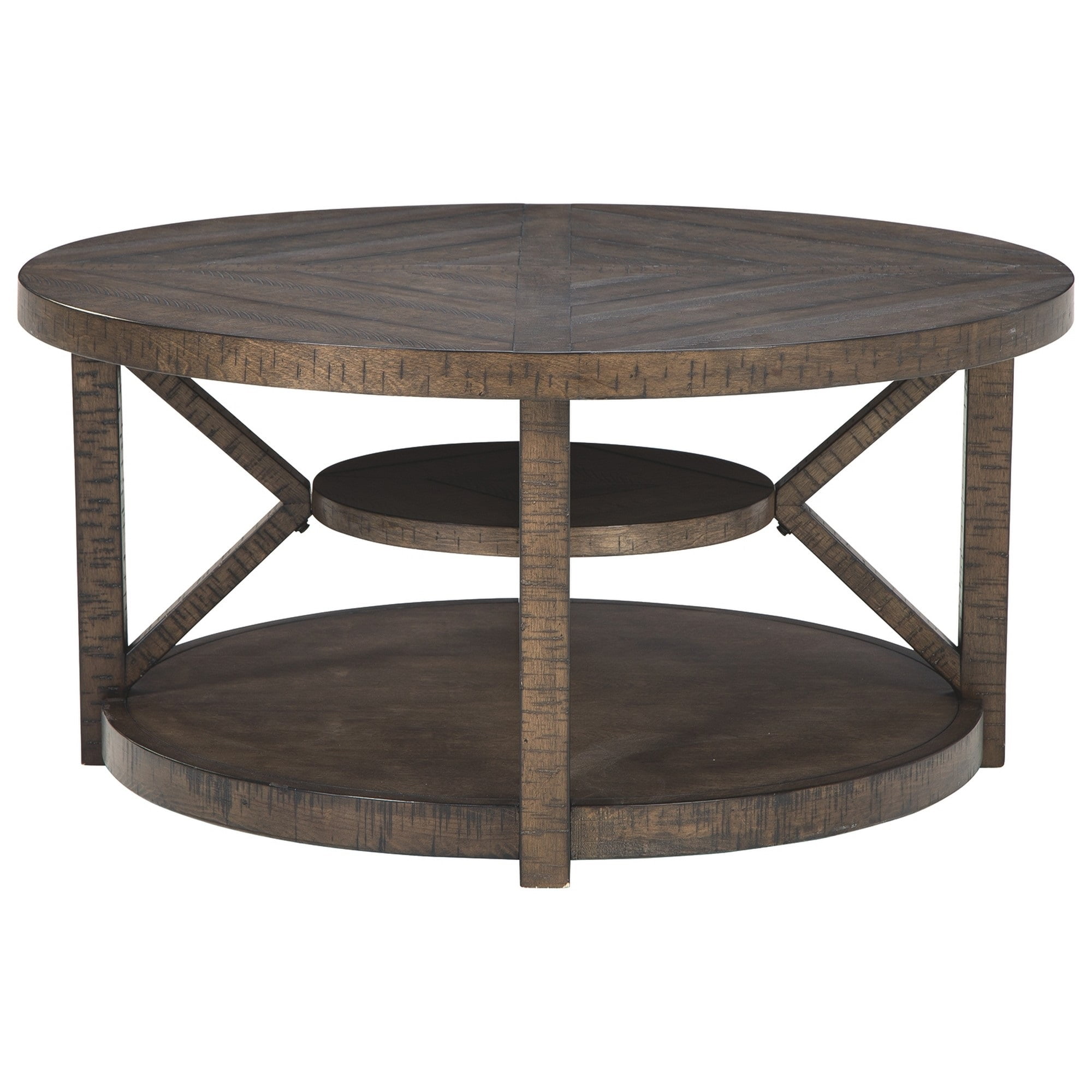 Rustic Plank Style Round Wooden Cocktail Table with Geometric Base ...