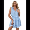 thumbnail image 1 of Womens Spring Summer 2025 Sleeveless Split V Neck Ruffle Chiffon Elegant Mini Short Skirt Dresses Blue S, 1 of 9