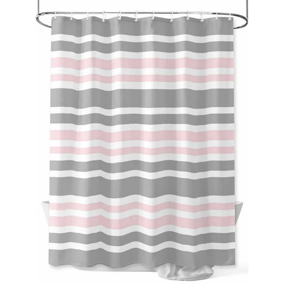 Shower Curtain Pink Stripes Bathroom Curtains with Hooks, Waterproof Fabric Contrast Gray Lines Striped Bath Shower Curtains Set for Bathroom Bathtubs Decor 72x72 Inch
