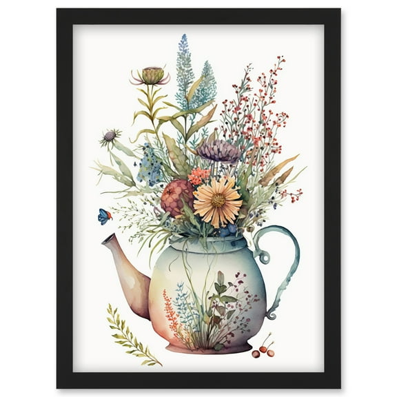 Wildflower Floral Bouquet in China Pattern Teapot Artwork Framed Wall Art Print A4
