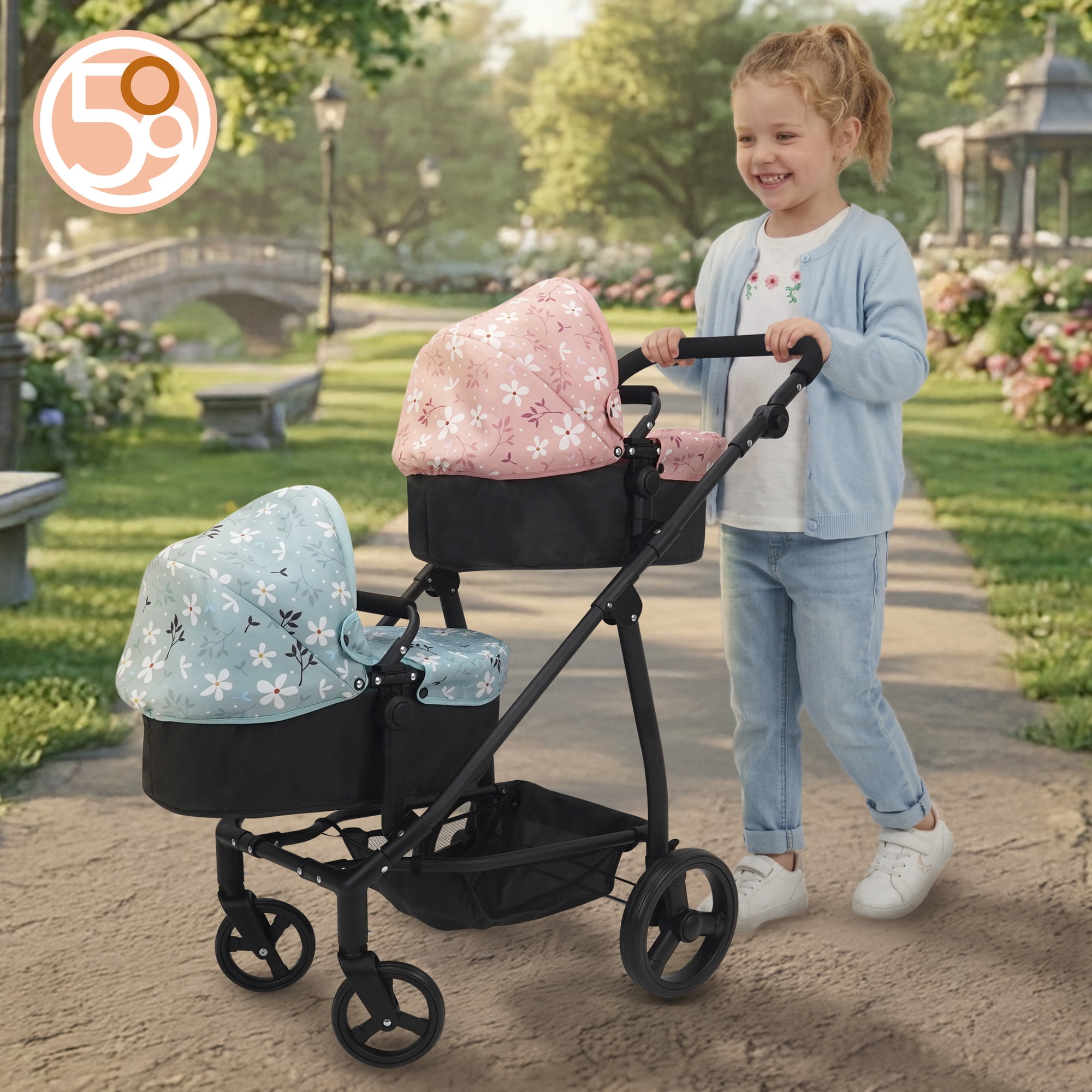 509 Crew: Springtime - Deluxe City Twin Doll Stroller - Black-Pink-Blue-Flowers, Converts To Jogger & Push Pram, Adjustable Doll Accessory Toy, Kid 3+