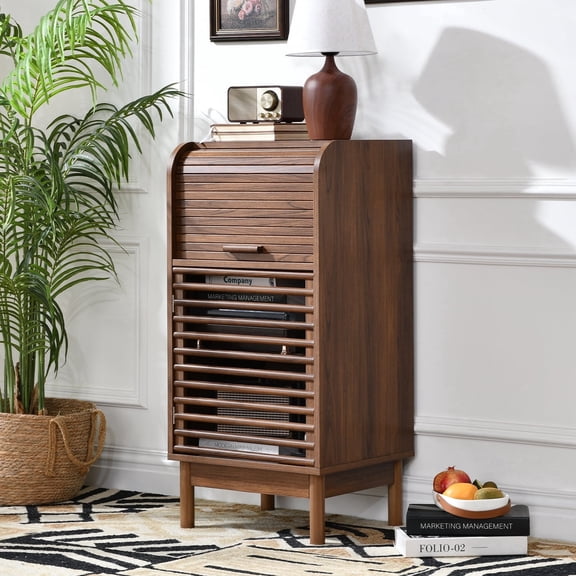Ahokua Mid-Century Modern Accent Cabinet with Tambour Sliding Door, Slatted Front and Adjustable Shelf for Living Room