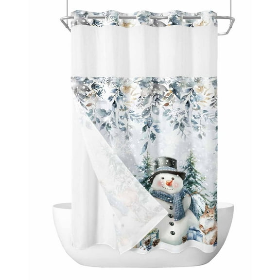 No Hook Shower Curtain with Snap in Liner,Winter Snowman Elk Waterproof Bath Curtain Double Layers with See Through Top Window, Christmas Tree Squirrel Hotel Shower Curtains 36x72in