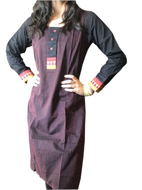 Mogul Women BLACK Stripe Print Cotton Long Dress Handmade Ethnic Kurti SM