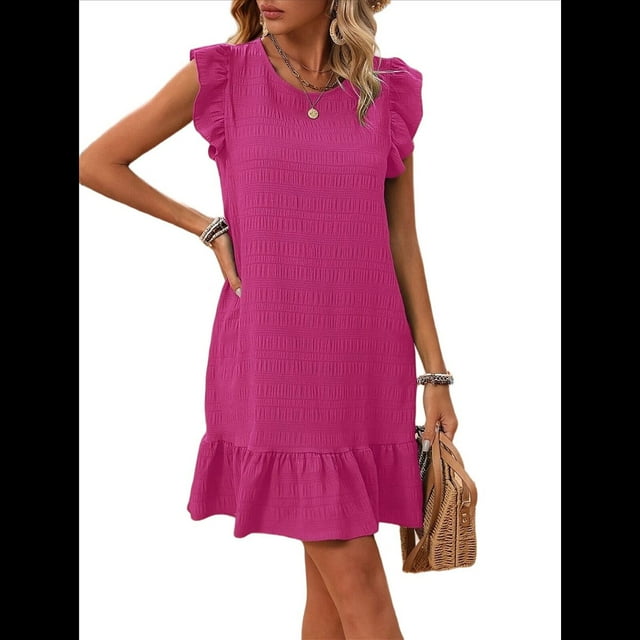 Vestidos de Verano para Mujer, Cuello Redondo, Corta, Dobladillo con Volantes, Informal, Minivestido Rosa Rojo, XL