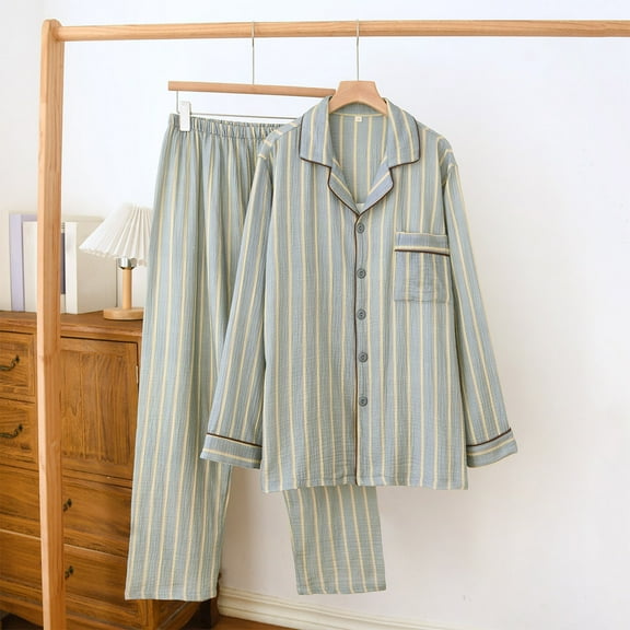 Pajamas Set Men's Collar Striped Long Sleeved Casual Loose Home Clothes Pajama Set Mens Pjs Sets Pijamas for Men Set Mens Pjs Pj Set Mens Pj Set Mens Soft Pajamas Sets