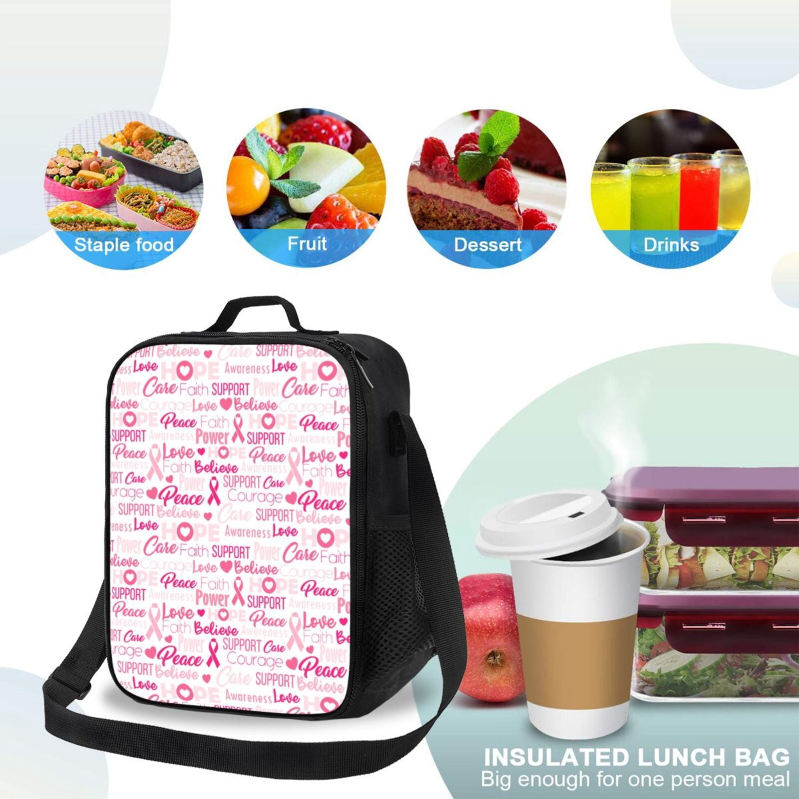 84hoods Large Insulated Lunch Bag For Women - Adjustable Strap, Pink Breast Cancer Support Design