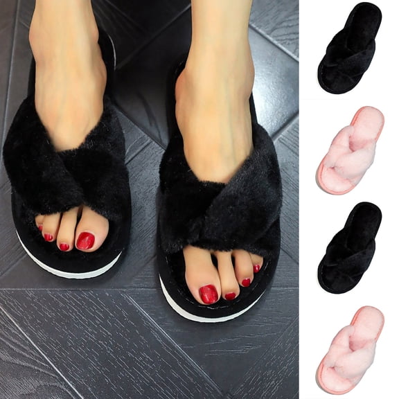 Women Twist Knot Cross‑Strap Fuzzy Slide Slippers, Soft Fluffy Plush Open‑Toe Indoor House Shoes, Warm Non‑Slip Thick Sole Bedroom Slipper