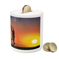 thumbnail image 3 of Teen Room Piggy Bank, Boys Playing Basketball at Sunset Horizon Sky Dramatic Scenery, Ceramic Coin Bank Money Box for Cash Saving, 3.6" X 3.2", Dark Coral Black Yellow, by Ambesonne, 3 of 4