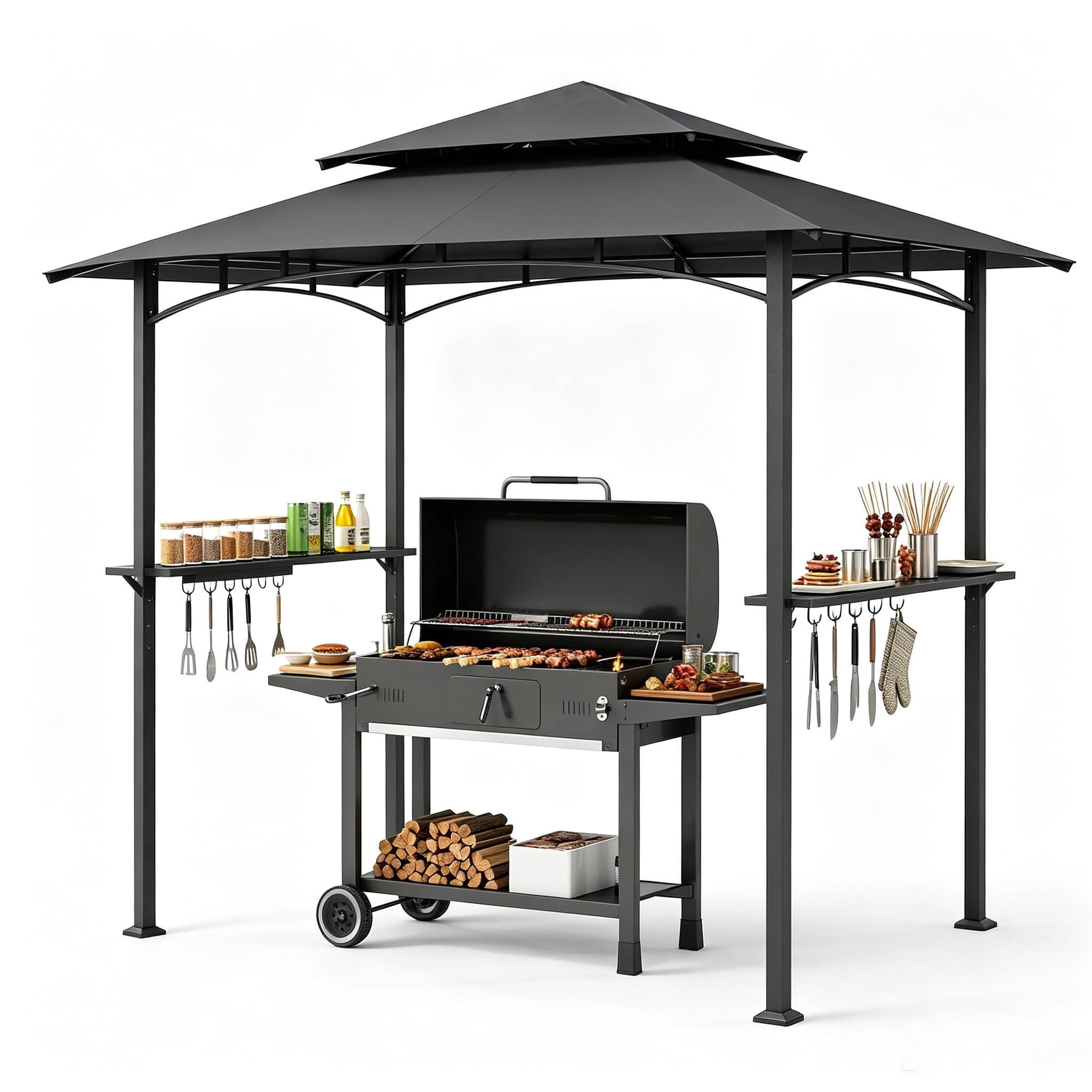 LAUSAINT HOME 8'x 5' Outdoor Grill Gazebo, Steel Frame 8x8 Compatible Soft Canopy with Vented Top & 2 Side Shelves for Backyard Barbecue, Picnic, Patio, Dark Gray