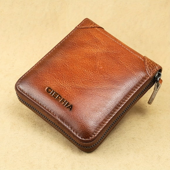 Mens Genuine Leather Zipper Wallet RFID Secure Large Capacity Double Fold Multi-card Top Layer Leather Wallets for Men and coin purse