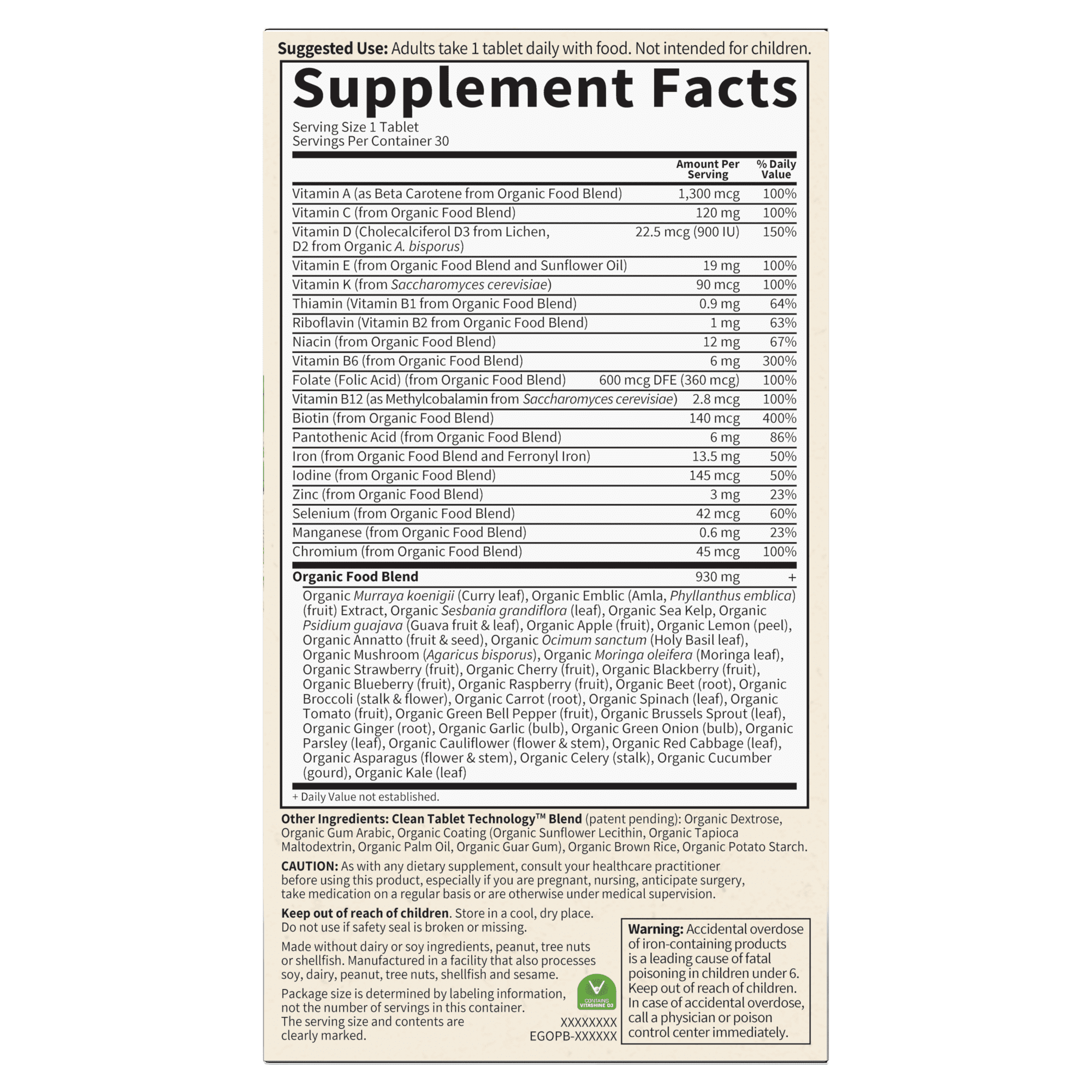 Garden of Life Organics Prenatal Multivitamin, with Folate and Vegan D3 - Once Daily for Pregnant & Lactating Women - 1 Month Supply