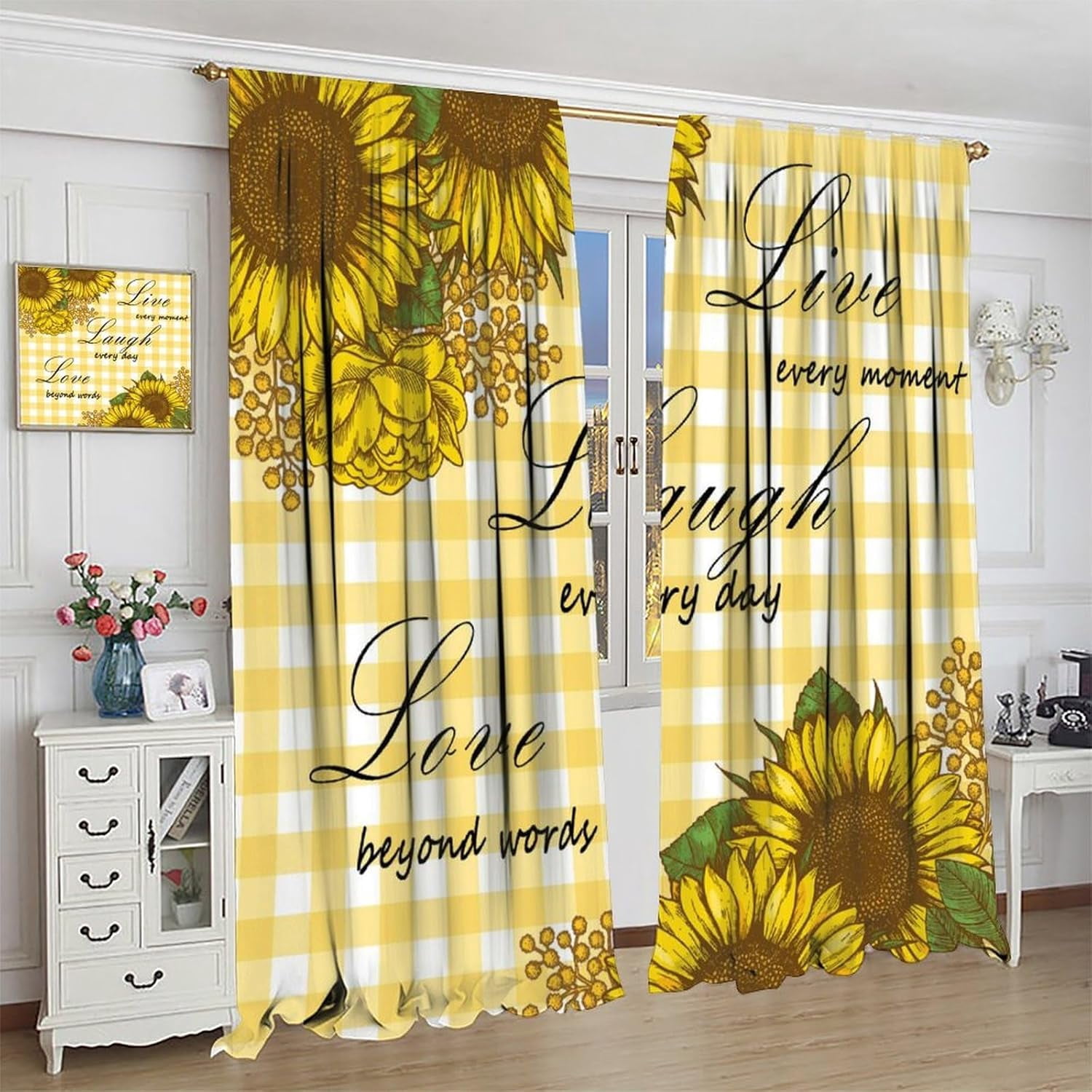 Sunflower Curtains Vintage Farmhouse Rustic Flowers Yellow White Buffalo Plaid Bedroom Living Room Bathroom Blackout Rod Pocket Decoration Window Drapes 2 Panels W26xL84in