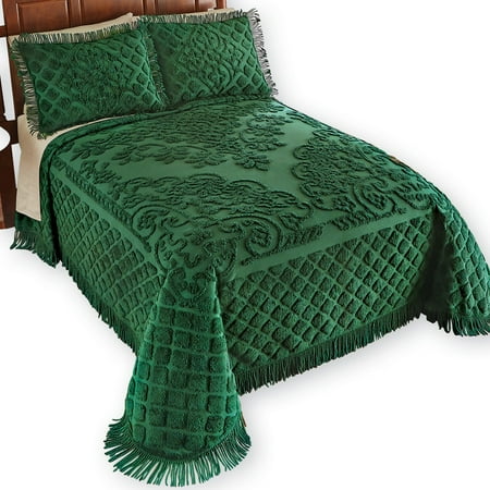 Chenille Bedding Queen Royalty Elegant Scroll and Checkered Pattern Chenille Bedspread with Fringe Border, Full, Emerald ()