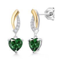 Gem Stone King 925 Sterling Silver and 10K Yellow Gold Green Nano Emerald and White Lab Grown Diamond Dangle Earrings for Women (1.47 Cttw, Heart Shape 6MM)