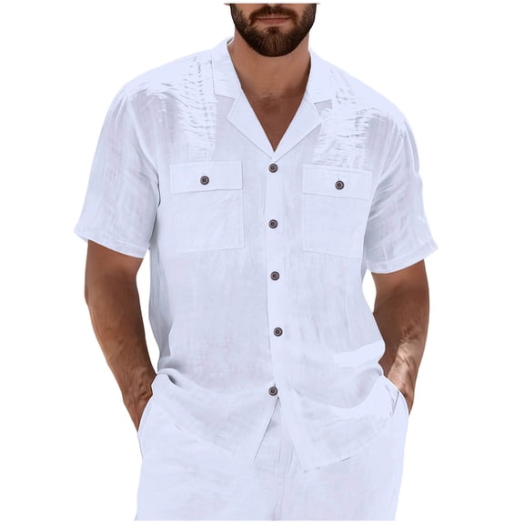 FRSASU Men's Linen Shirts Short Sleeve Casual Shirts Button Down Shirt for Men Beach Summer Wedding Shirt with 2 Pockets White
