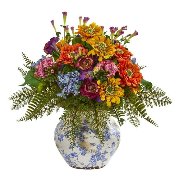 Nearly Natural 15" Mixed Floral Artificial Flower Arrangement in Floral Vase, Mixed