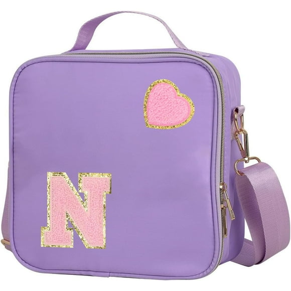 shiyou-Insulated Nylon Lunch Box for Girls, Kids, and Women-Stylish Purple Preppy Large Lunch Bag with Adjustable Strap (Letter N), Tote for School, Travel, and Picnics-Ideal Preppy Stuff Choice