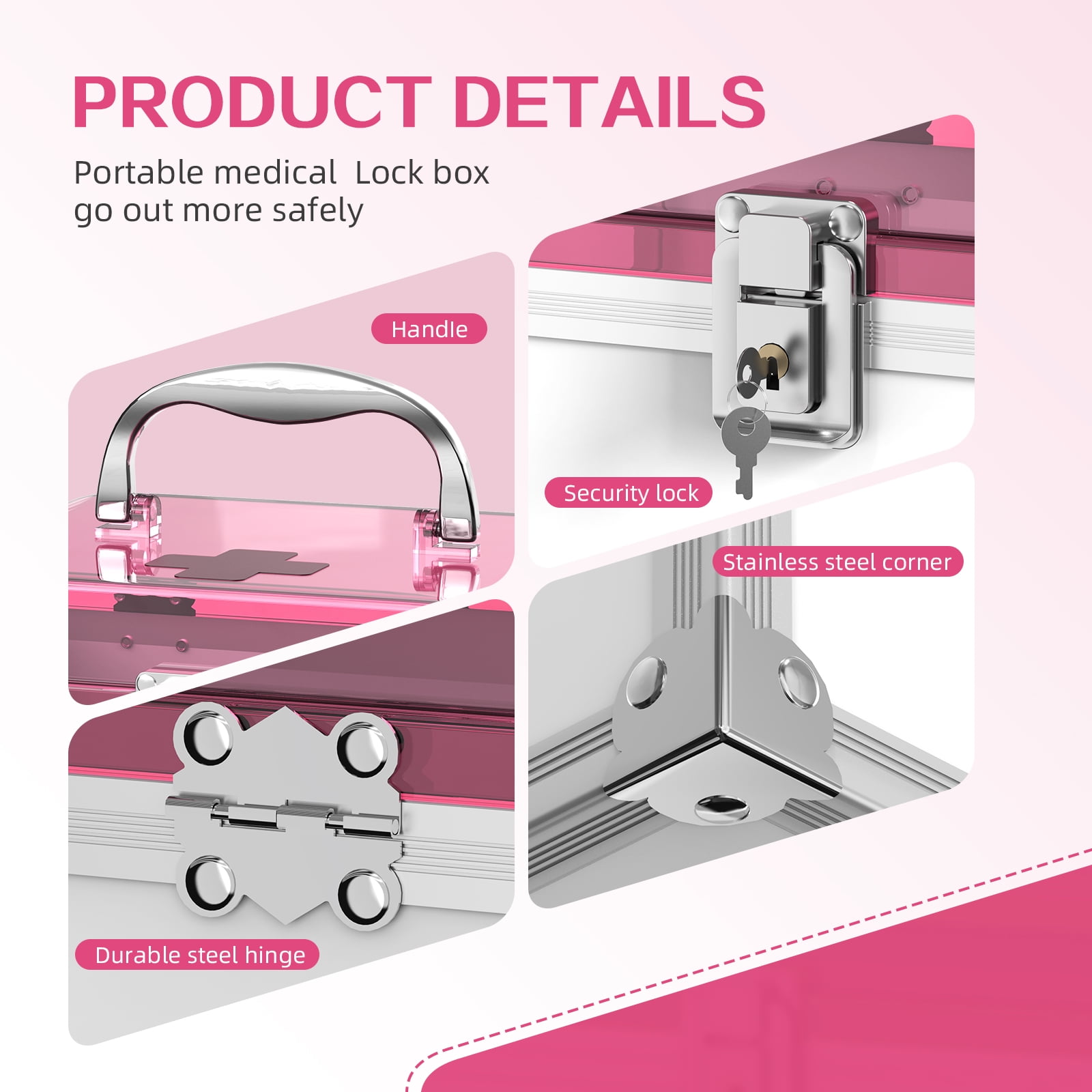 Glosen Medicine Lock Box with Key,Pink,8.46 * 5.87 * 5.51 Inch,Locked Medicine Box with Child Safe Lock