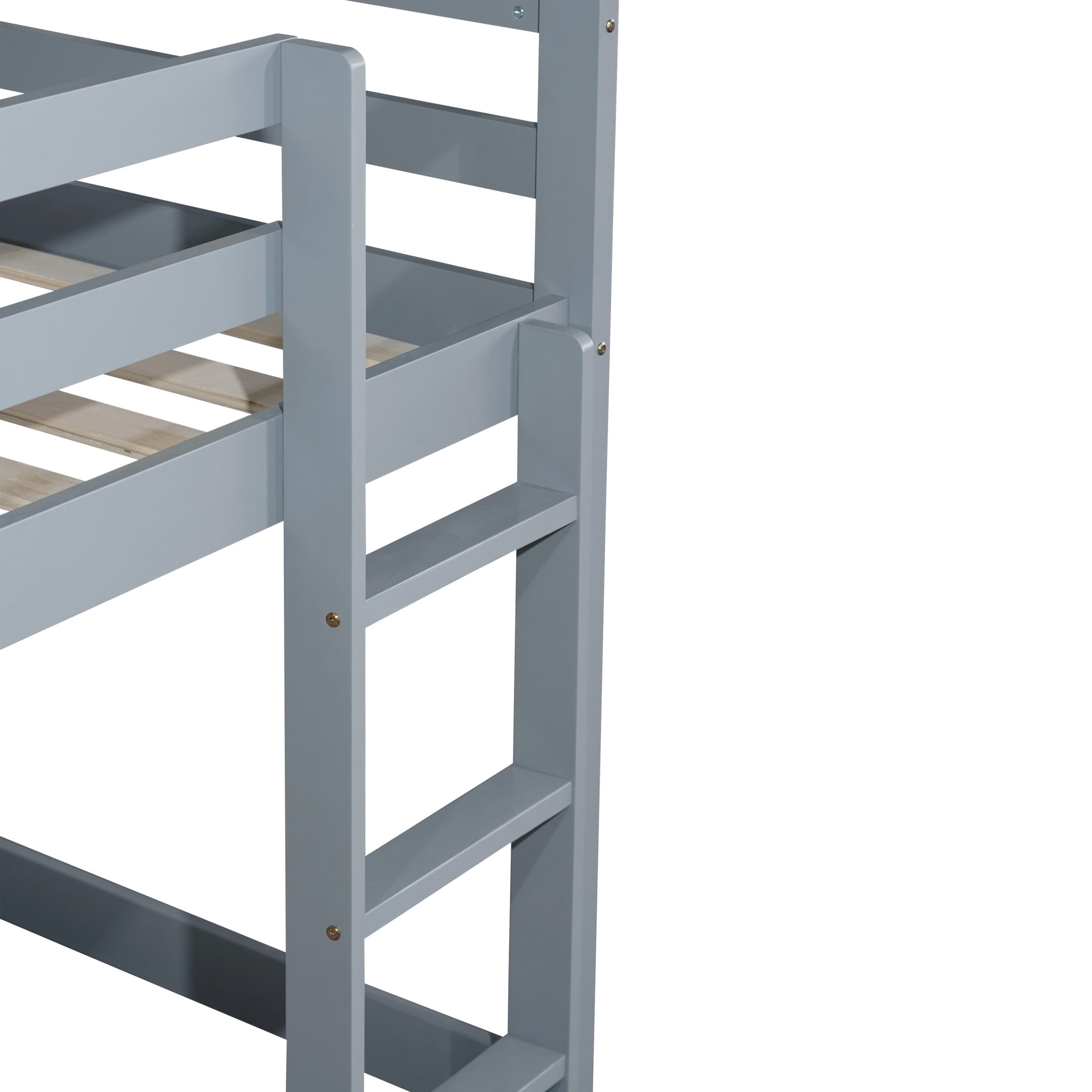 Alvantor Twin Over Twin Bunk Bed, Solid Rubber Wood Low Floor Bunk with Ladder, Grey