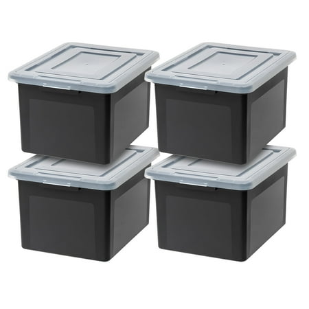 iris file box file organizer plastic file box for letter/legal file bpa-free plastic storage bin tote organizer with durable and secure latching lid stackable and nestable black 35 qt. 4pack
