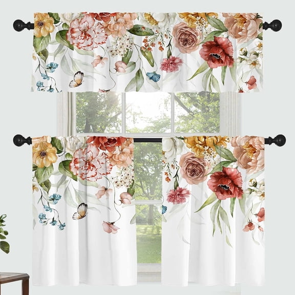 Floral Leaves Curtain for Kitchen Bathroom Watercolour Red Yellow Flower Rod Pocket Window Curtain Tier Curtains Valance Set 3 Pcs Plant Printed Curtains 54 x 18 inches 27 x 36 inches *2