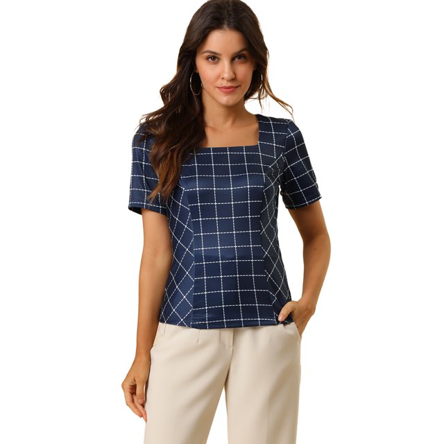 Blusa Allegra K de cuadros con cuello cuadrado para mujer camisa de manga corta verano oficina Azul marino L