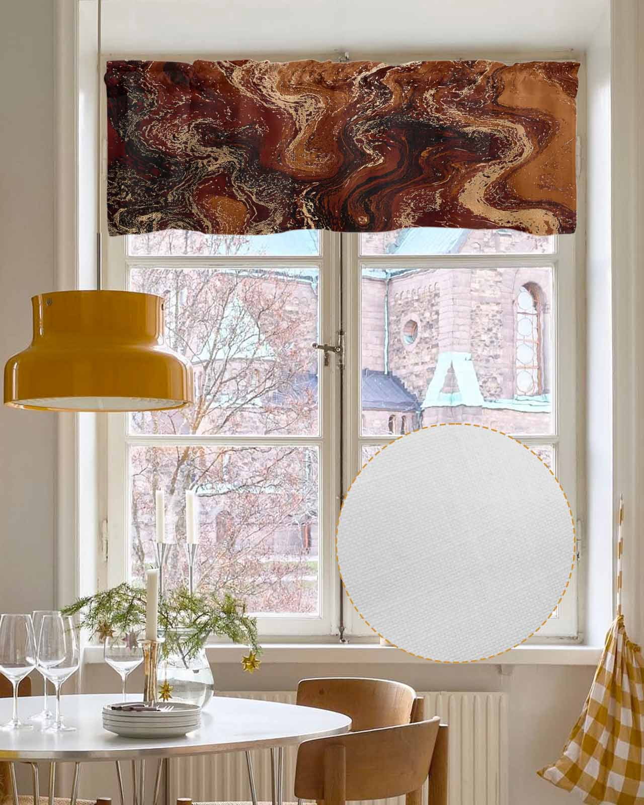 Brown Marble Kitchen Valances for Windows Farmhouse Linen Window Valance Curtain for Living Room Window Treatment Ombre Abstract Striped Mottled Aesthetic Valance Rod Pocket Topper, 42 x 18 Inch