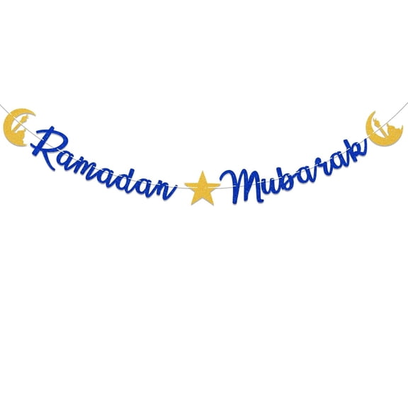 Ramadan Mubarak Banner - Ramadan Mubarak Decorations, Eid Mubarak Banner, Mubarak Home Mantel Fireplace Hanging Banner Blue Glitter