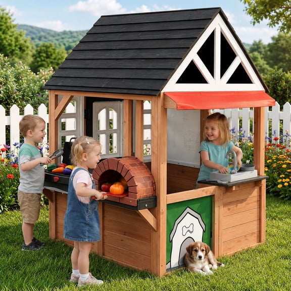 Outdoor Playhouse, Kids Playhouse with Play Kitchen, Kids Wooden Playhouse with Grill Oven, Bread Oven, Toddler Playhouse with Door, Windows, Doorbell for Kids Outdoor, Play House for Kids Ages 3 