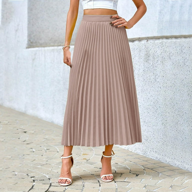 Roncen Women's Solid Pleated Skirt Elastic High Waist for