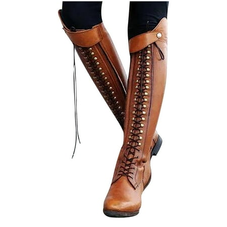 

KeesonKimi Women S Winter Boots Clearance Women S Solid Color Over-the-Knee Boots Lace-Up Thick Heel Women S Boots Brown