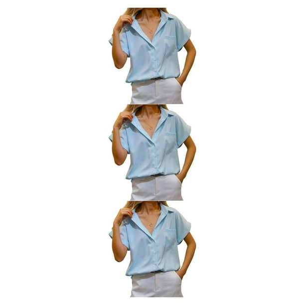 Qarigey Camisa de mujer Blusa con botones de color sólido con bolsillo Oficina Señora Trabajo Fecha Verano Top Ropa Accesorios Azul claro M Azul claro M 3Conjunto