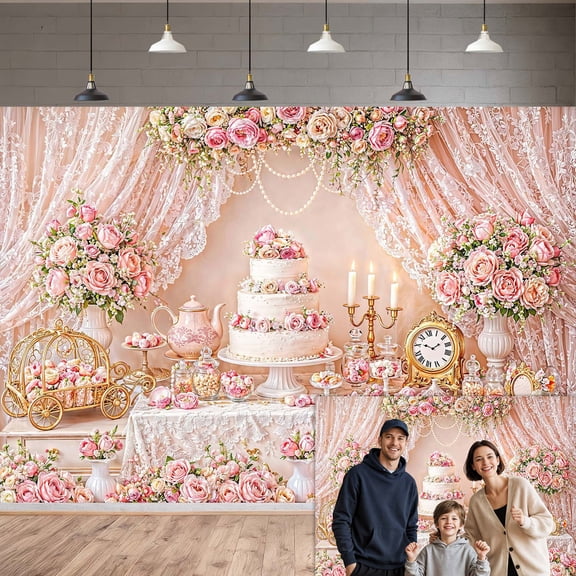 Vintage Pink Floral Tea Party Photography Backdrop, Elegant Rose Lace Curtain Princess Dessert Table Background for Girls Birthday Baby Shower Bridal Shower Wedding Party Decorations Banner, 9x6ft