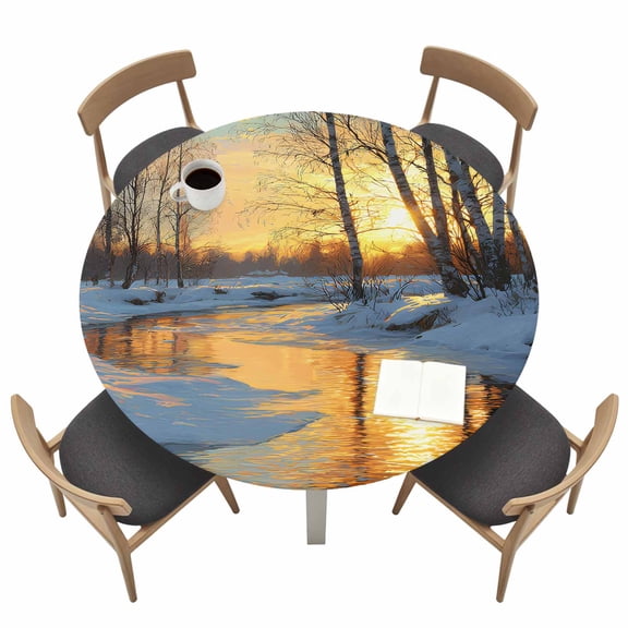 Sunset Snowy Forests Round Fitted Tablecloth with Elastic Edge Winter Nature Landscape Woods Snow Table Cover Fit for 36"-44" Tables Waterproof Tablecloths for Dinner Camping Picnic