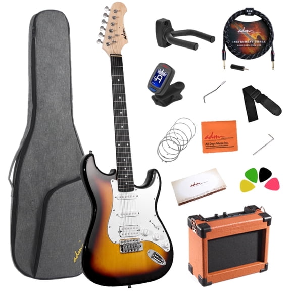 ADM Electric Guitar Solid-Wood Body 39" Beginner Kit with Amplifier, Bag, Strap, String, Tuner, Cable, Picks and Free Lesson, Sunburst