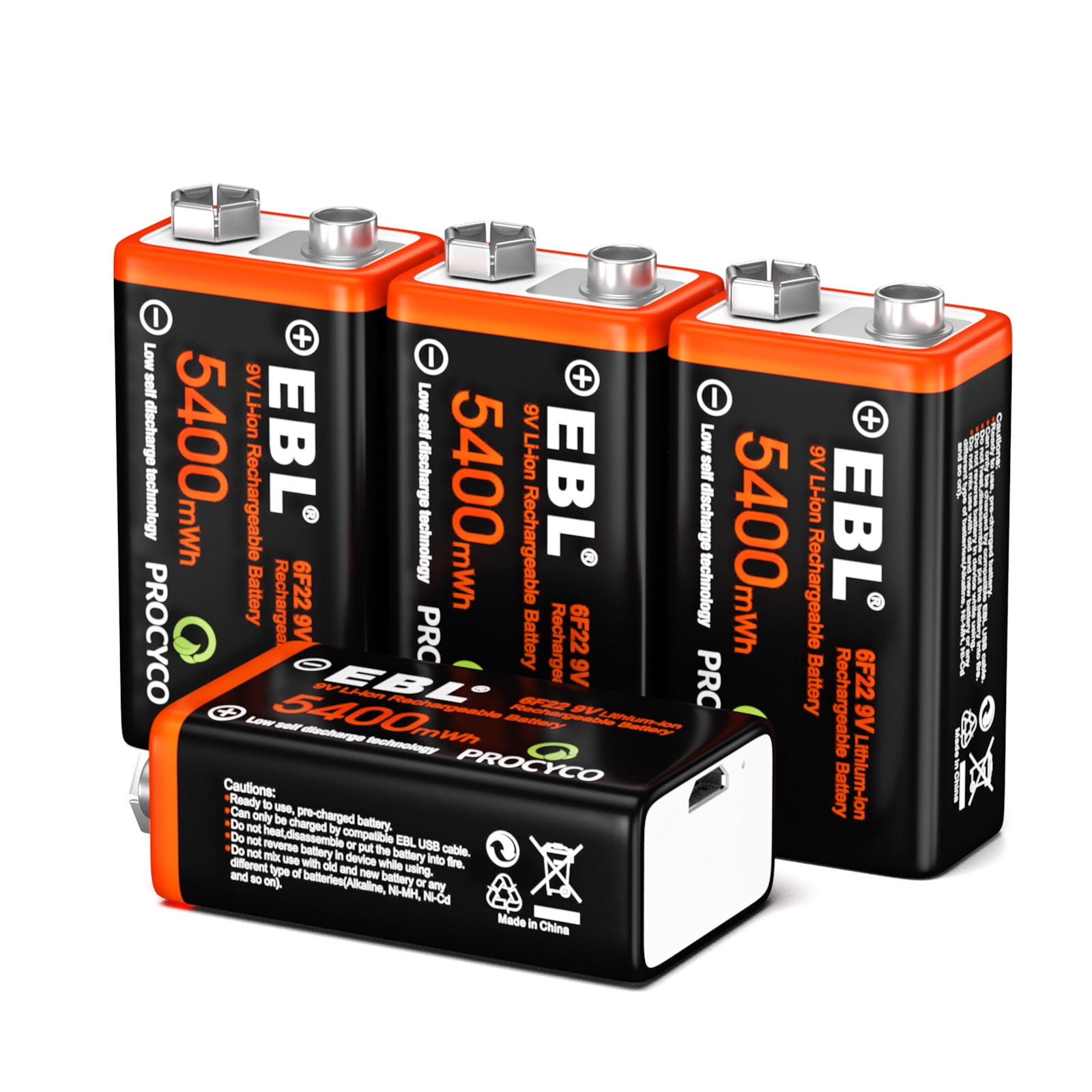 EBL 9V USB Rechargeable Lithium Batteries (4 Pack) 5400mWh 9 Volts