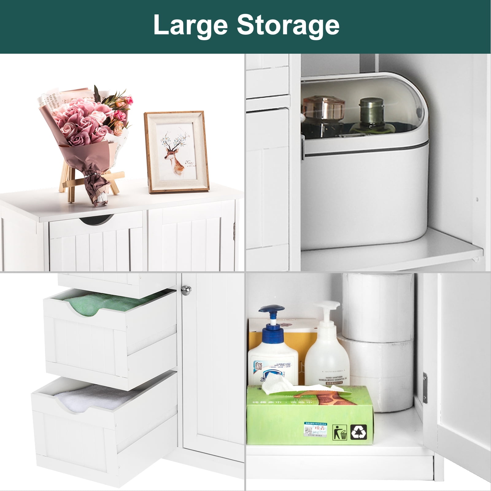 Bathroom Storage Cabinet with 4 Drawers and Single Door, MDF Freestanding Floor Cabinet, Space-Saving Organizer for Bathroom or Any Room