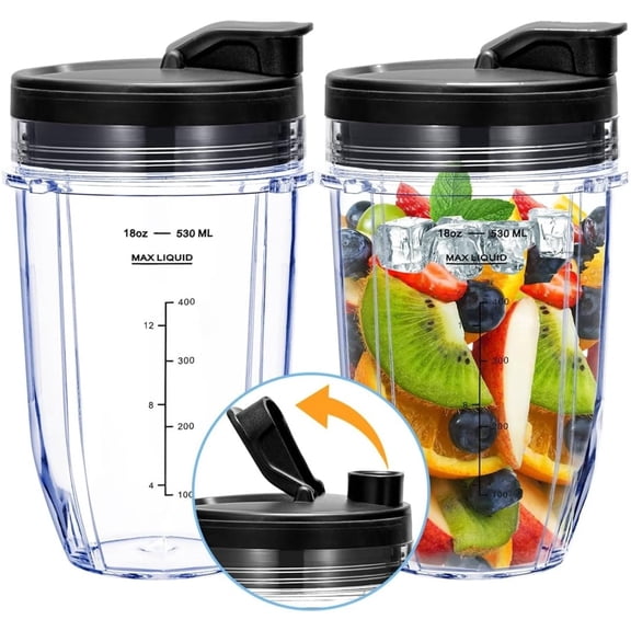 Replacement 18oz Blender Cup with Sip & Seal Lid For Nutri Ninja BL450 BL456 BL480 BL482 BL640 BL642 BL682 BN401 BN751 BN801 Foodi SS101 SS151 SS351 SS401 SS400 Ninja Blender Auto IQ Blade, 2-Pack
